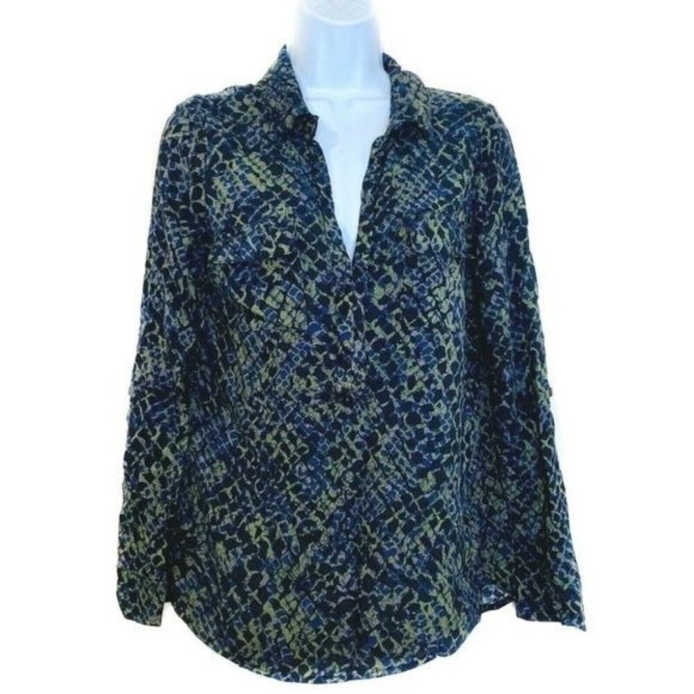 Splendid V-Neck Popover Top S Snakeskin Print Rayon Blouse Long Sleeve Blue Gree